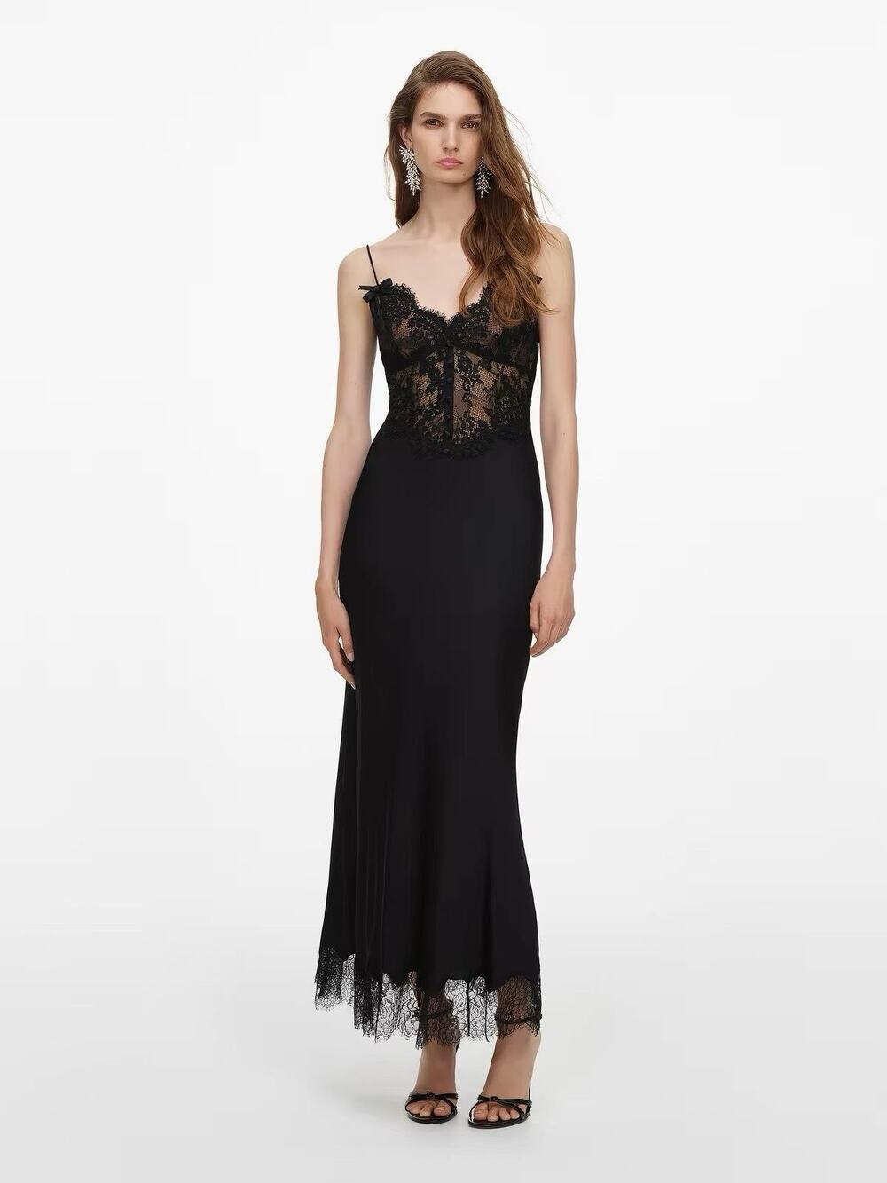 Self-Portrait Black Satin Lace Midi Dress